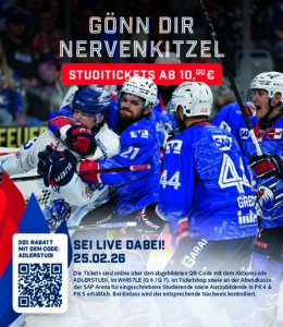Mehr über den Artikel erfahren Studentenspieltag der Adler Mannheim – Tickets ab 10 €