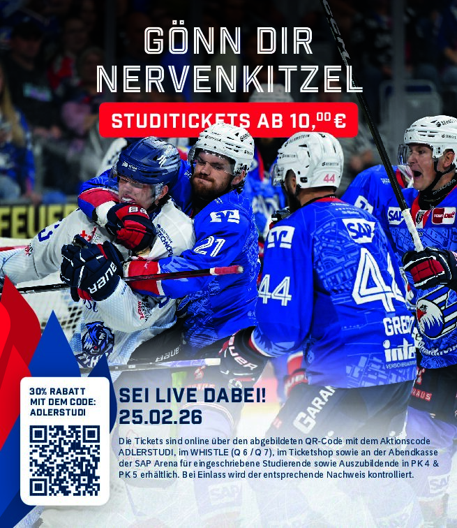 Du betrachtest gerade Studentenspieltag der Adler Mannheim – Tickets ab 10 €